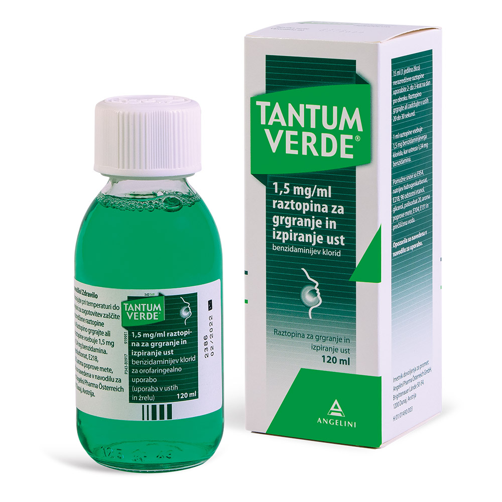 Tantum Verde 1,5 mg/ml, raztopina za grgranje in izpiranje ust (120 ml)