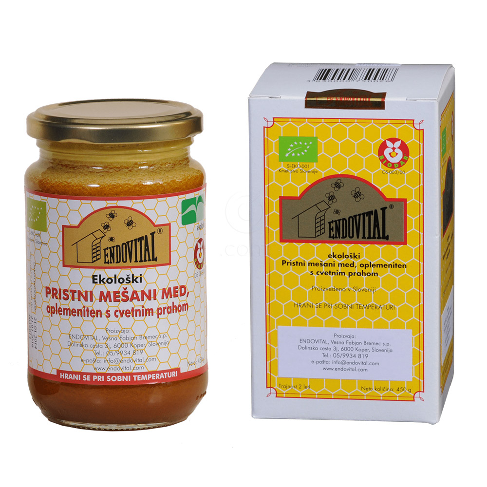 Endovital ekološki med oplemeniten s cvetnim prahom (450 g)cvetnim prahom