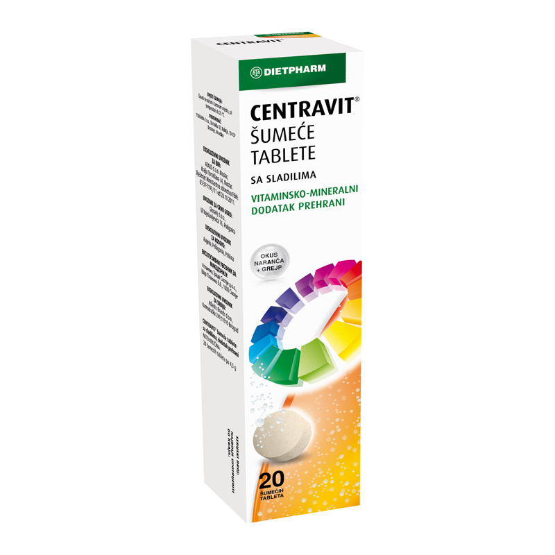 Centravit Dietpharm, vitaminske šumeče tablete z okusom pomaranče in grenivke (20 tablet)