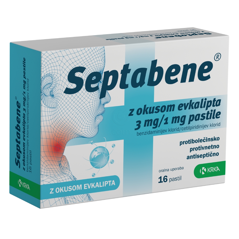 Septabene 3 mg/1 mg Krka, pastile z okusom evkalipta (16 pastil)