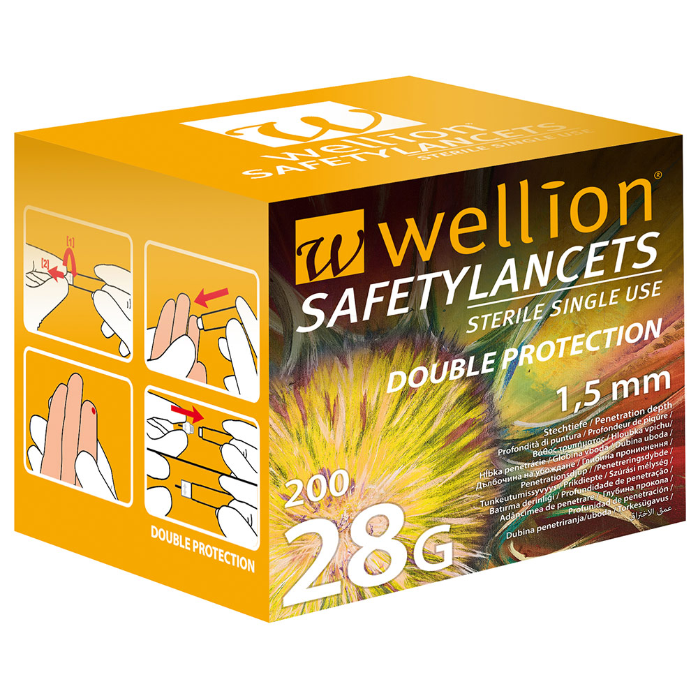 Wellion 28G Safety, varna lanceta za enkratno uporabo - dvojna zaščita (200 lancet)