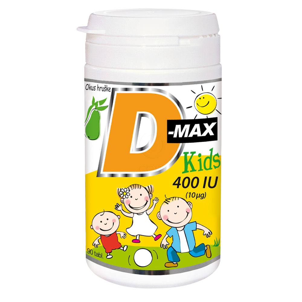 D-Max Kids 400 I.E. Vitabalans, žvečljive tablete z vitaminom D z okusom Hruške (90 tablet)