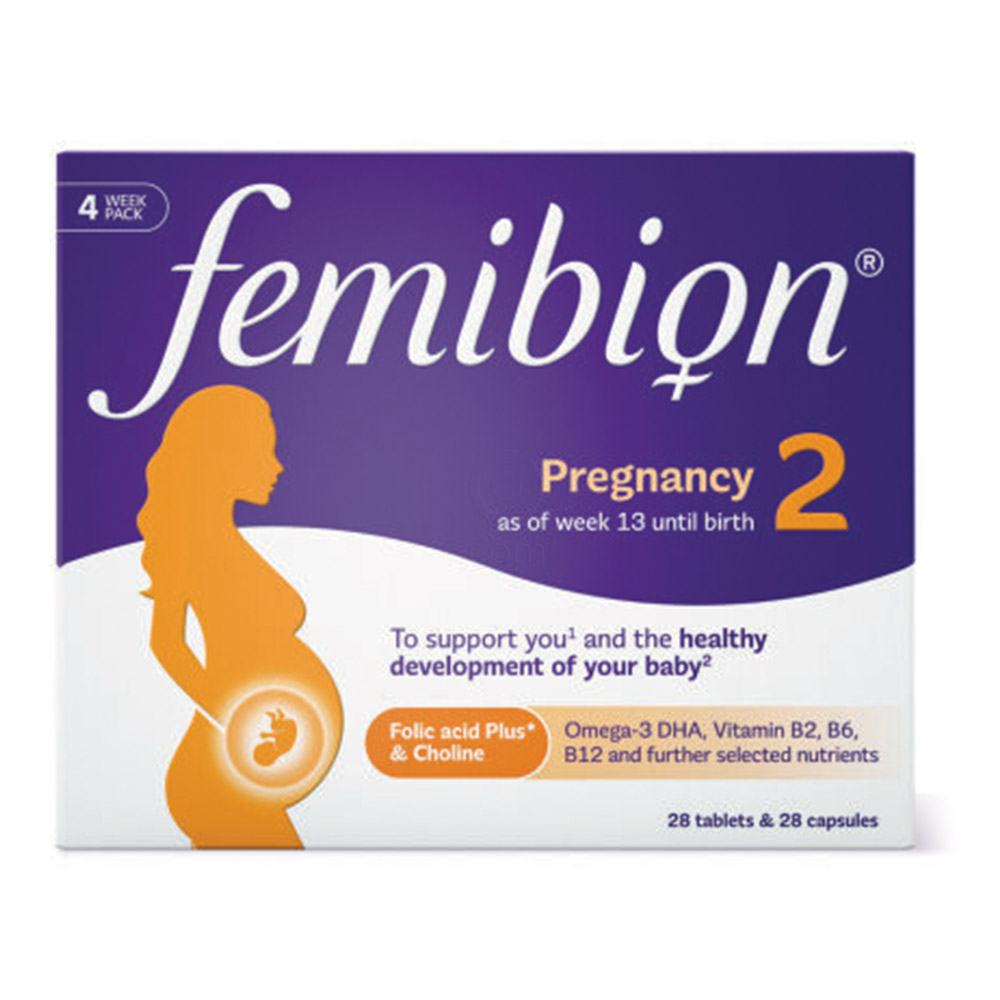 Femibion 2, tablete in kapsule  za podporo v nosečnosti od 13. tedna do rojstva (28 tablet + 28 kapsul)
