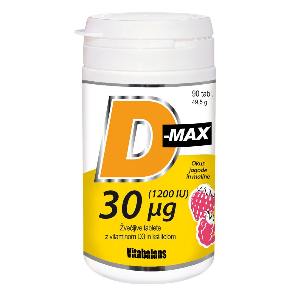 Zaizbris: D-Max 1200 I.E. Vitabalans, žvečljive tablete z vitaminom D3 in ksiltolom - okus jagode in maline (90 tablet)