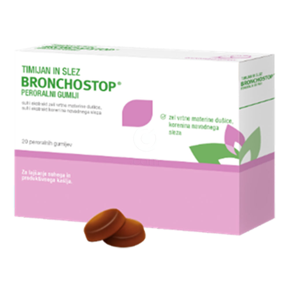 Timijan in Slez Bronchostop, peroralni gumiji (20 gumijev)