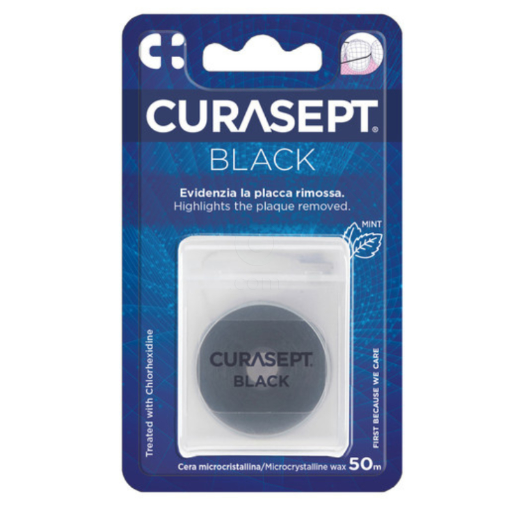 Curasept Floss Nero, povoščena zobna nitka s klorheksidinom (50 m)