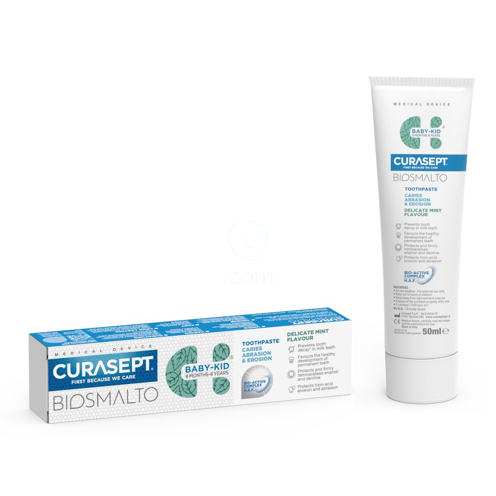 Curasept Biosmalto CAE Baby-Kids, zobna pasta od 6 mesecev do 6 let  - okus nežne mete (50 ml)