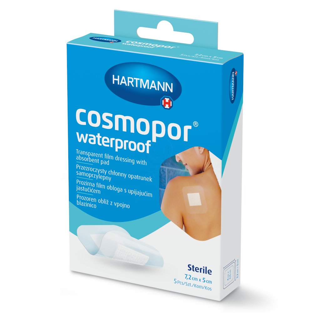 Cosmopor Waterproof, vodoodporen pooperativni obliž za rane - 7,2 cm x 5 cm (5 obližev