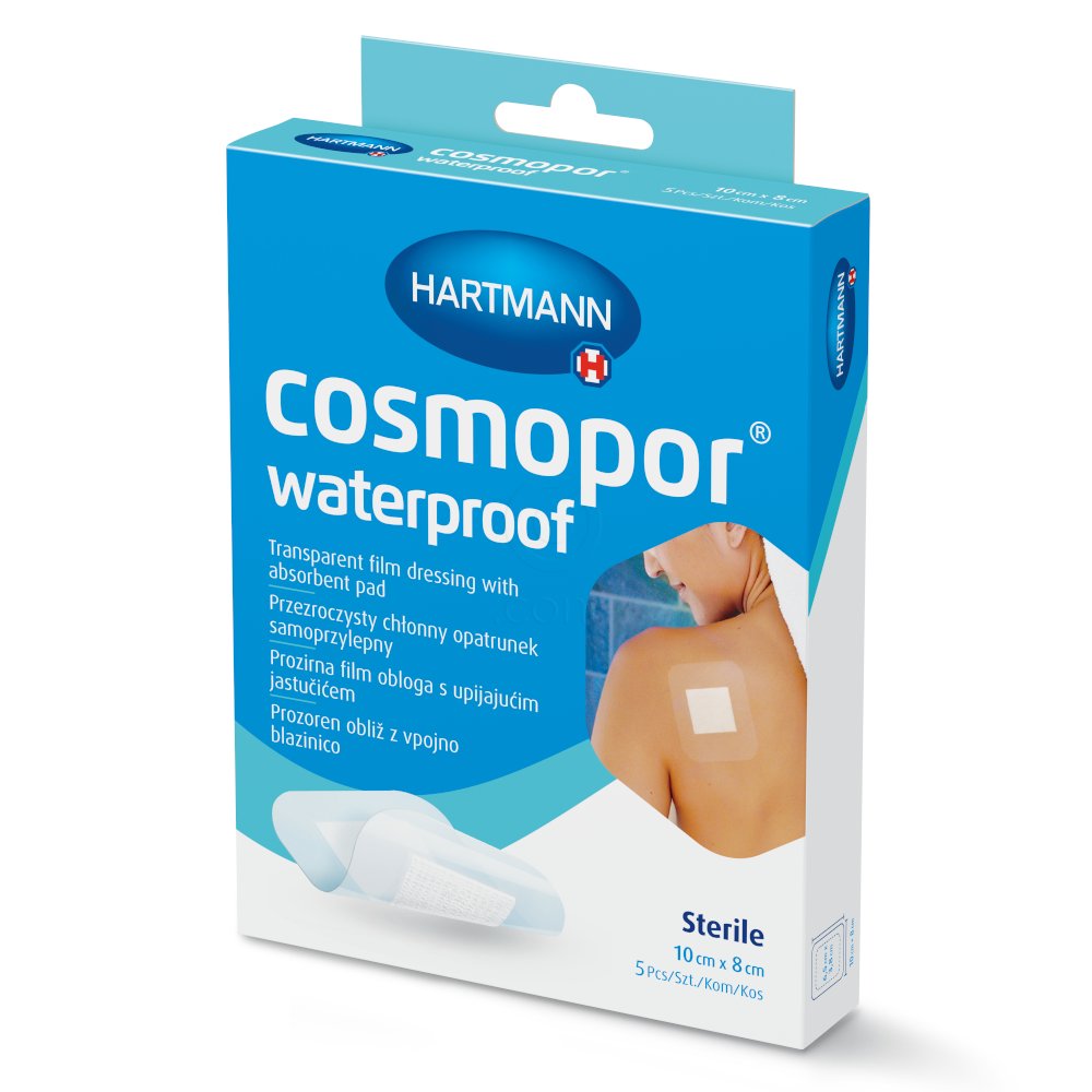 Cosmopor Waterproof, vodoodporen pooperativni obliž za rane - 10 cm x 8 cm (5 obližev)