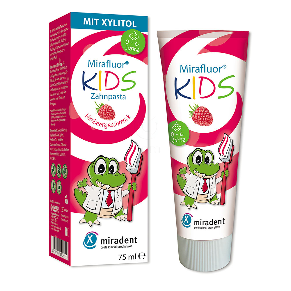 Mirafluor Miradent Kids, zobna pasta s ksilitolom z okusom maline (75 ml)