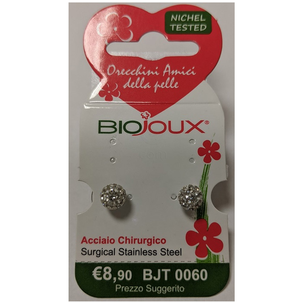 Biojoux, uhani iz kirurškega jekla - kroglica z belimi kristali - BJT0060 (2 uhana)