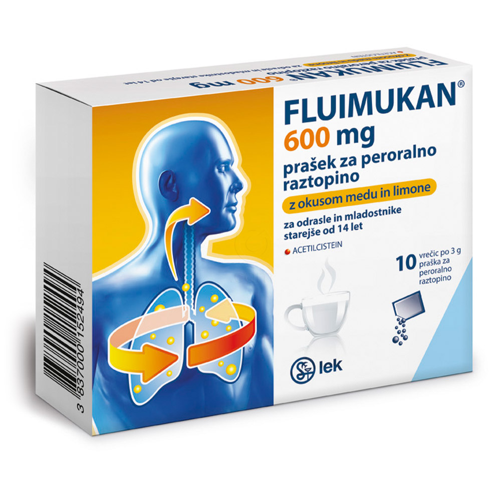 Fluimukan 600 mg, prašek za peroralno raztopino z okusom medu in limone (10 x 3 g)