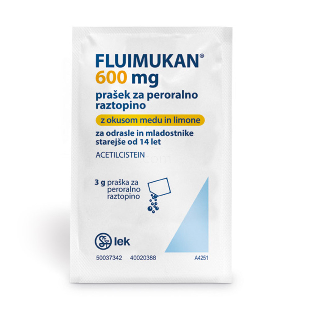 Fluimukan 600 mg, prašek za peroralno raztopino z okusom medu in limone (10 x 3 g)