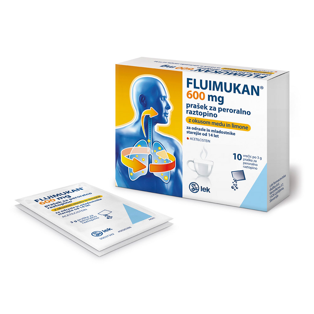 Fluimukan 600 mg, prašek za peroralno raztopino z okusom medu in limone (10 x 3 g)