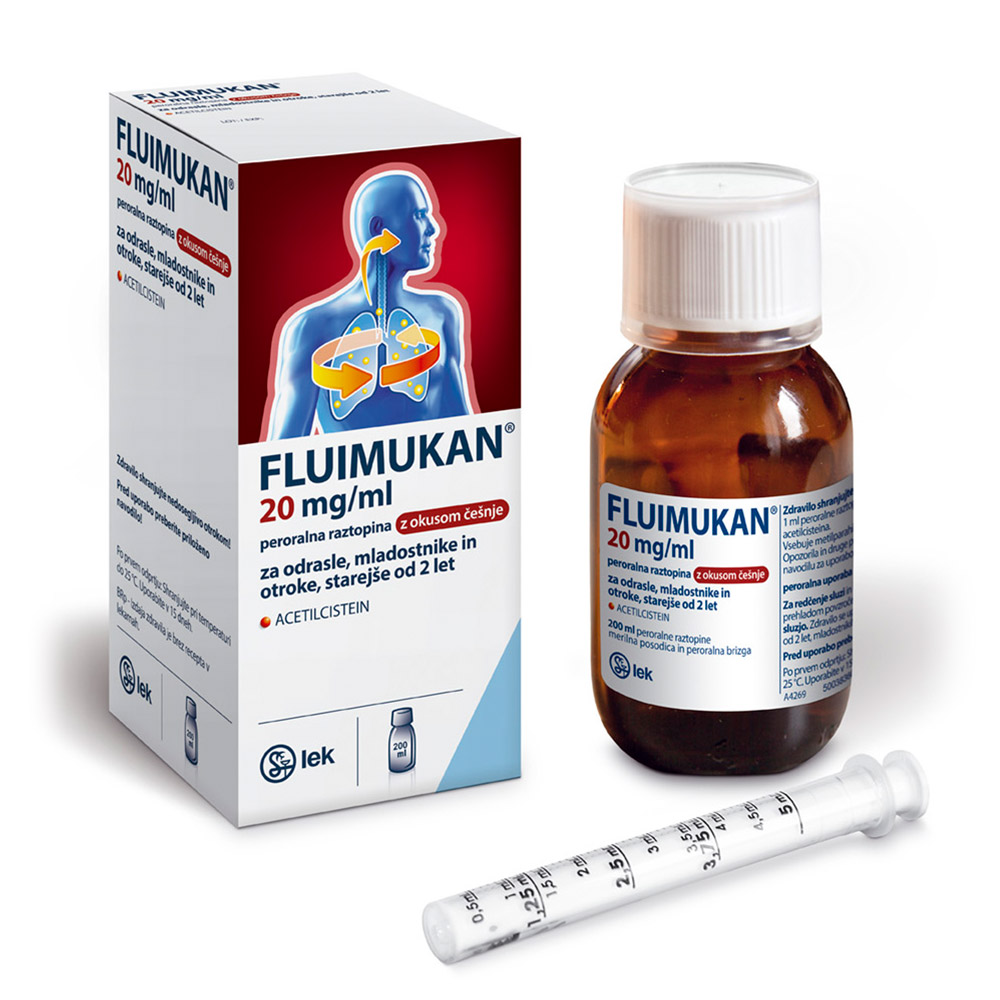 Fluimukan 20 mg/ml, peroralna raztopina z okusom češnje (200 ml)