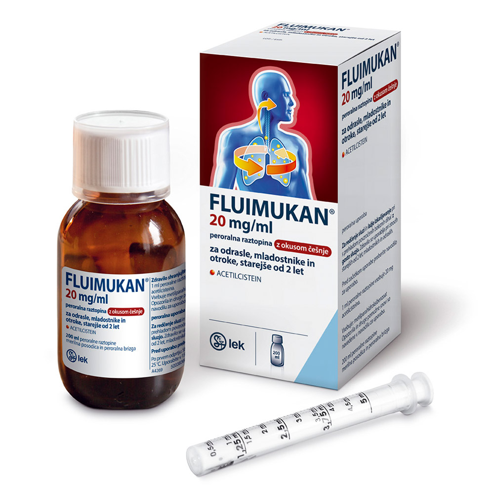 Fluimukan 20 mg/ml, peroralna raztopina z okusom češnje (200 ml)