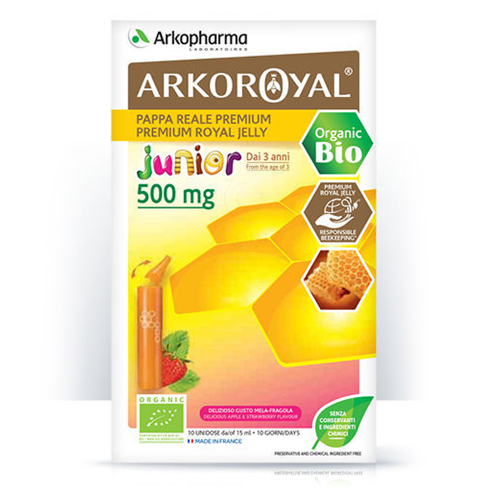 Arkoroyal Junior Bio Matični mleček 500 mg z okusom jagode, ampule (10 x 15 ml)