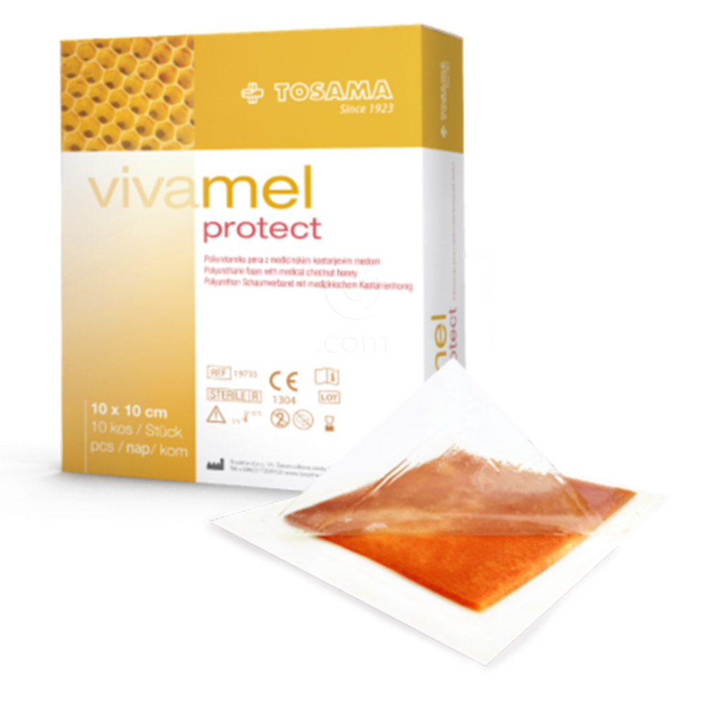 Vivamel Protect PU, obloga - sterilna pena z medicinskim kostanjevim medom - 10 x 10 cm (10 oblog)