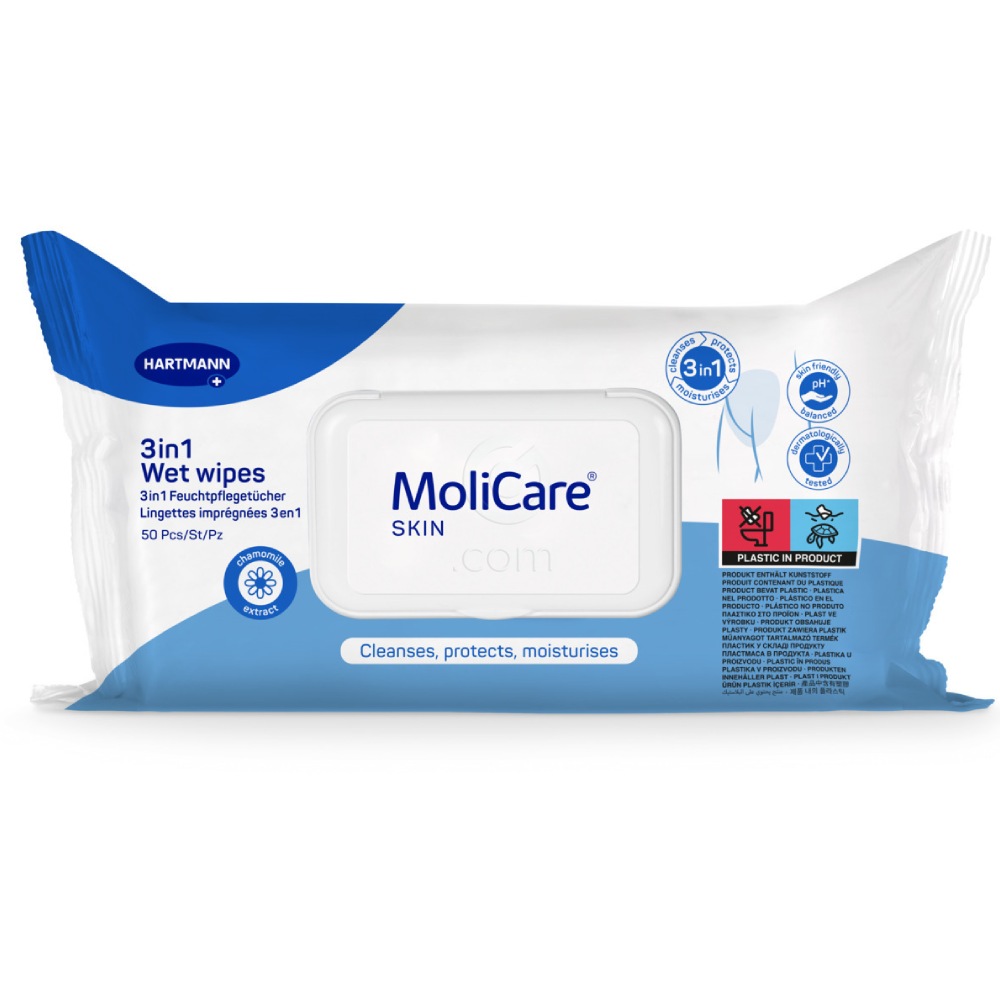 Molicare Skin, 3v1 vlažni čistilni robčki (50 robčkov)