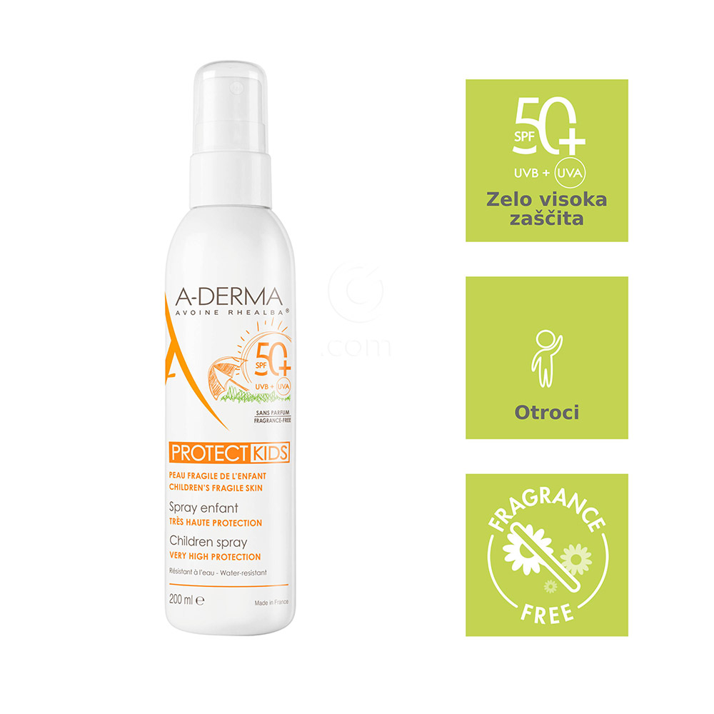 A-Derma Protect Kids, pršilo za zaščito pred soncem - ZF50+ (200 ml)