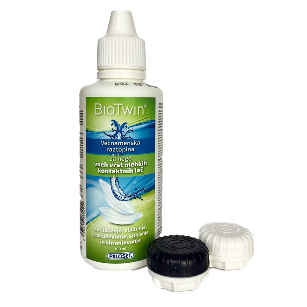 Piiloset Biotwin, vlažilna večnamenska raztopina za leče s protimikrobno posodico (100 ml + posodica)