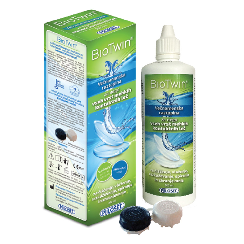 Piiloset Biotwin, vlažilna večnamenska raztopina za leče s protimikrobno posodico (360 ml + posodica)