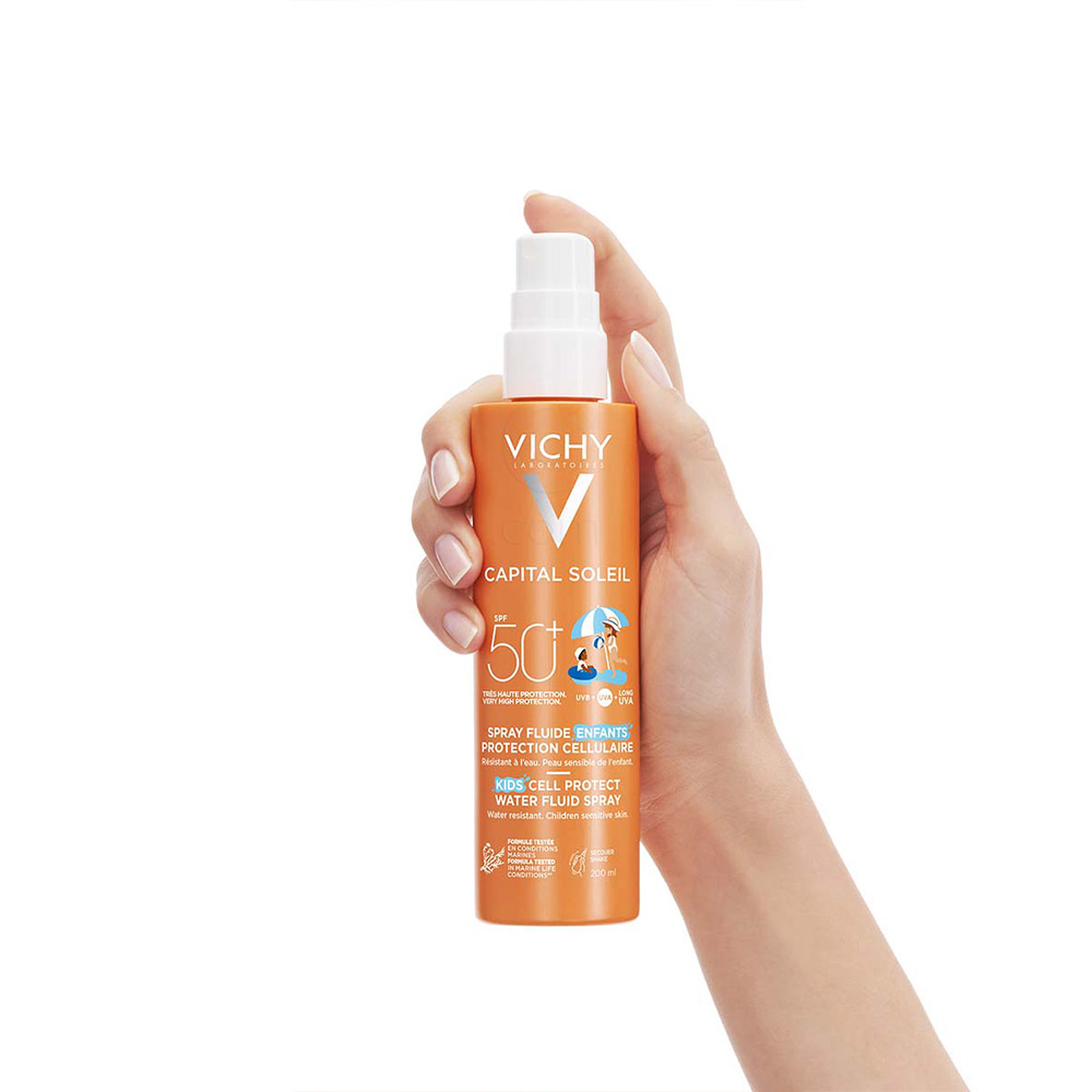 Vichy Capital Soleil, otroški fluid na vodni osnovi v pršilu za zaščito kožnih celic - ZF50+ (200 ml)