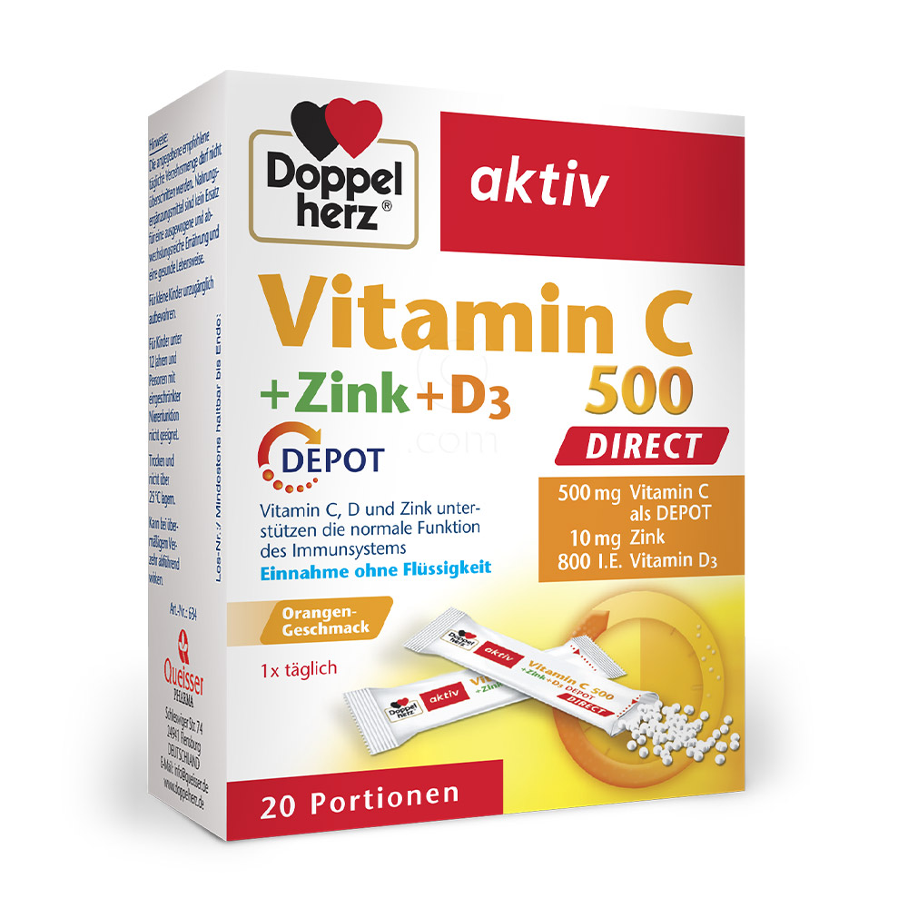 Doppelherz Aktiv Vitamin C 500 + Cink + D3 Direkt Depot, zrnca v vrečkah (20 vrečk)