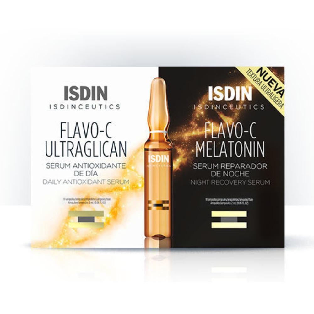 ISDIN Isdinceutics Flavo-C Ultraglican & Isdinceutics Flavo-C Melatonin, dnevni in nočni serum - ampule (2 x (10 x 2 ml))