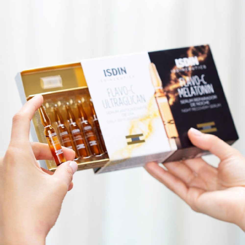 ISDIN Isdinceutics Flavo-C Ultraglican & Isdinceutics Flavo-C Melatonin, dnevni in nočni serum, ampule (10 x 2 ml + 10 x 2 ml)