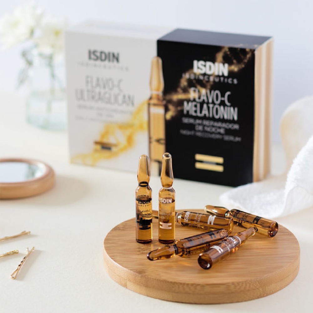 ISDIN Isdinceutics Flavo-C Ultraglican & Isdinceutics Flavo-C Melatonin, dnevni in nočni serum, ampule (10 x 2 ml + 10 x 2 ml)