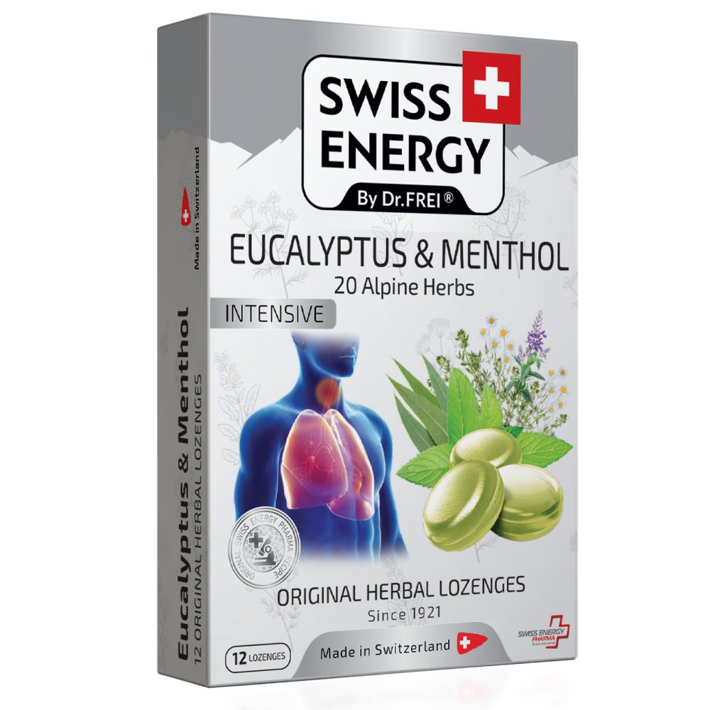 Swiss Energy Intensive, zeliščne pastile z 20-mi zelišči mentolom in evkaliptom (12 pastil)