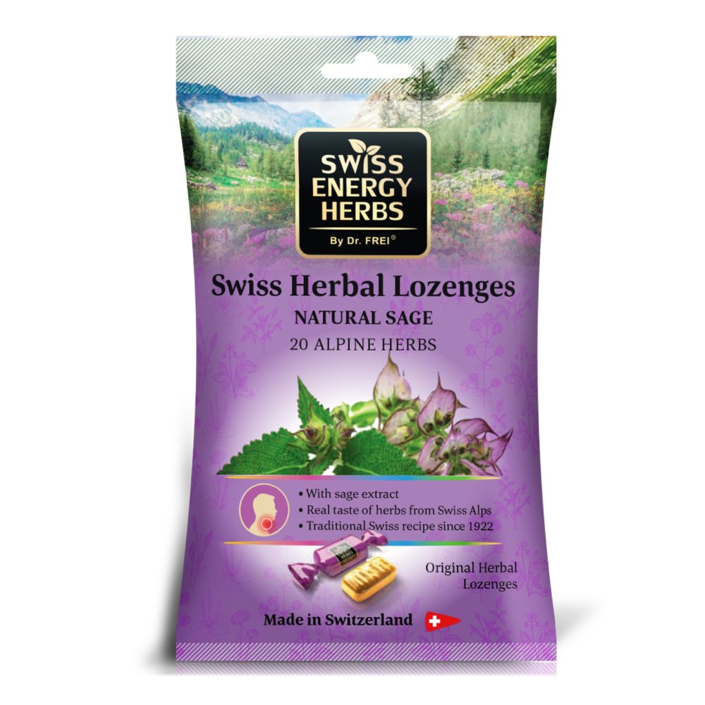 Swiss Energy Herbs, zeliščne pastile z 20 alpskimi zelišči in žajbljem (12 pastil)