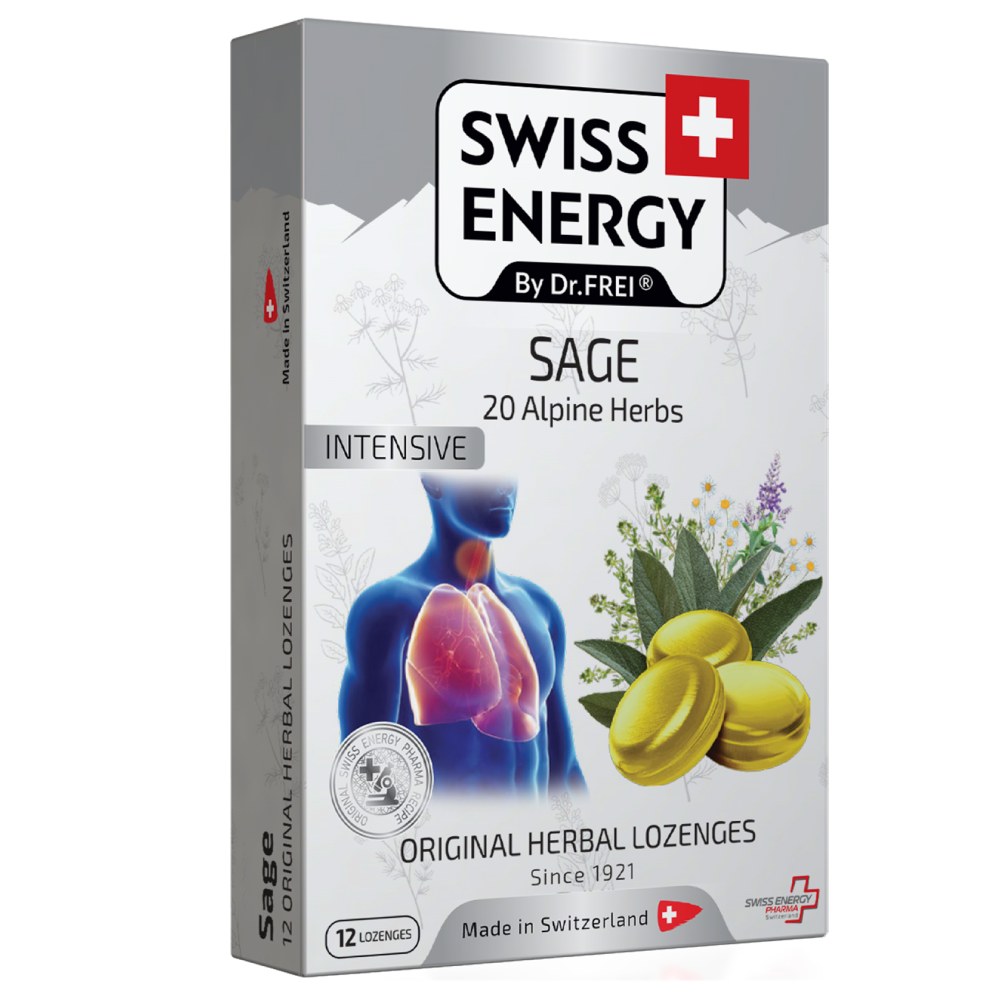 Swiss Energy Intensive, zeliščne pastile z 20 zelišči in žajbljem (12 pastil)