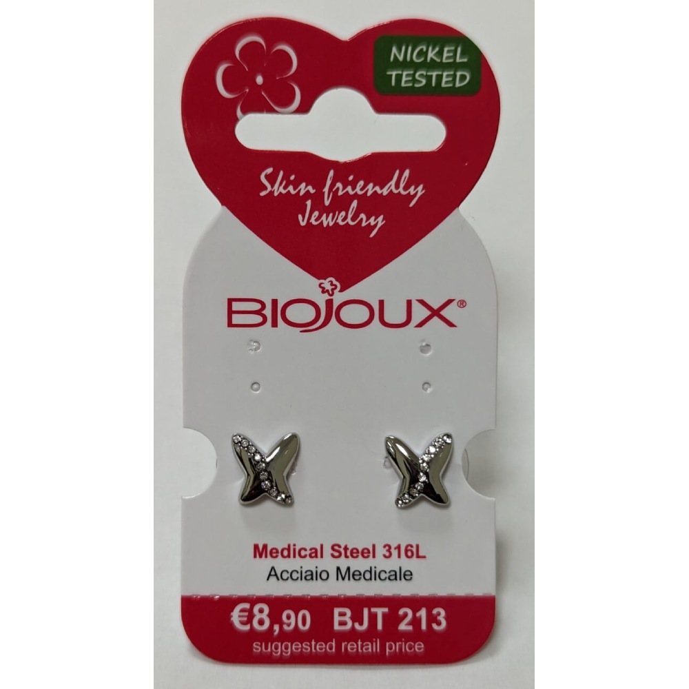 Biojoux, uhani iz kirurškega jekla - metuljček z vrsto kristalčkov - BJT213 (2 uhana)