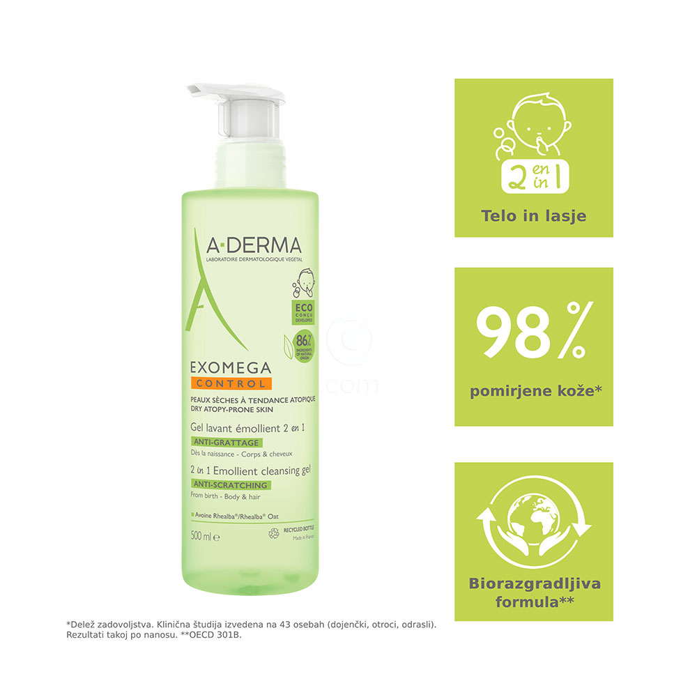  A-Derma Exomega Control, emolientni čistilni gel 2v1 za atopijsko kožo (500 ml)