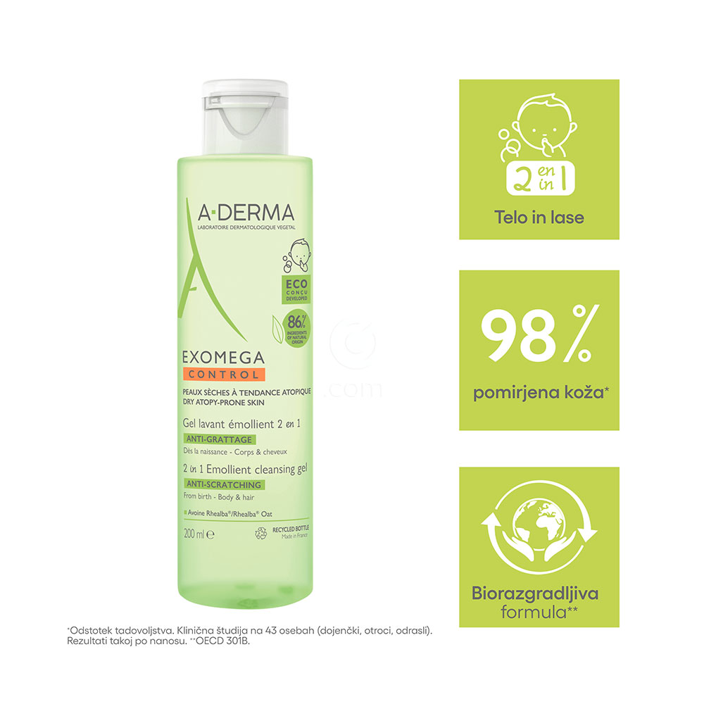  A-Derma Exomega Control, emolientni čistilni gel 2v1 (200 ml) 