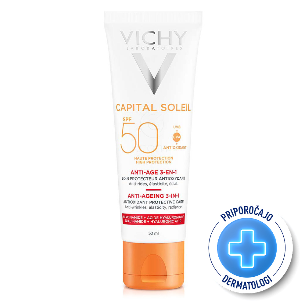 Vichy Capital Soleil, krema za zaščito pred soncem z anti-age učinkom za obraz ZF50 (50 ml)