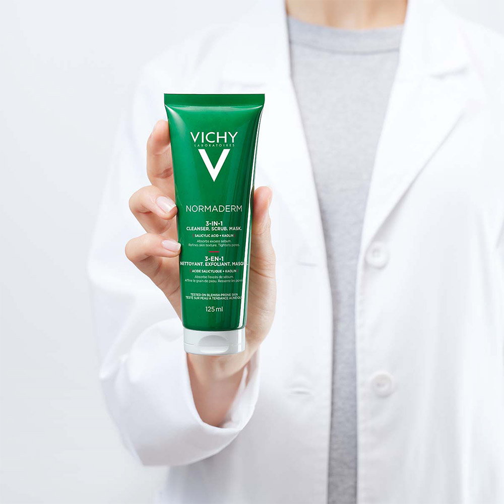 Vichy Normaderm, nega za čiščenje obraza 3v1 za občutljivo kožo nagnjeno k nepravilnostim (125 ml)