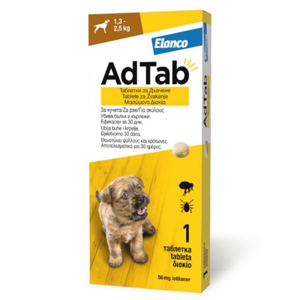 AdTab 56 mg, žvečljive tablete za pse - 1,3 - 2,5 kg (1 tableta)