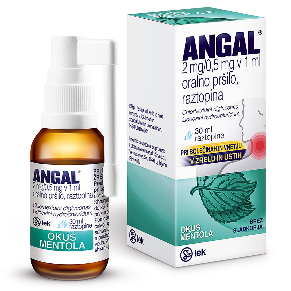 Angal 2 mg/0,5 mg v 1 ml, oralno pršilo (Okus: Mentol)