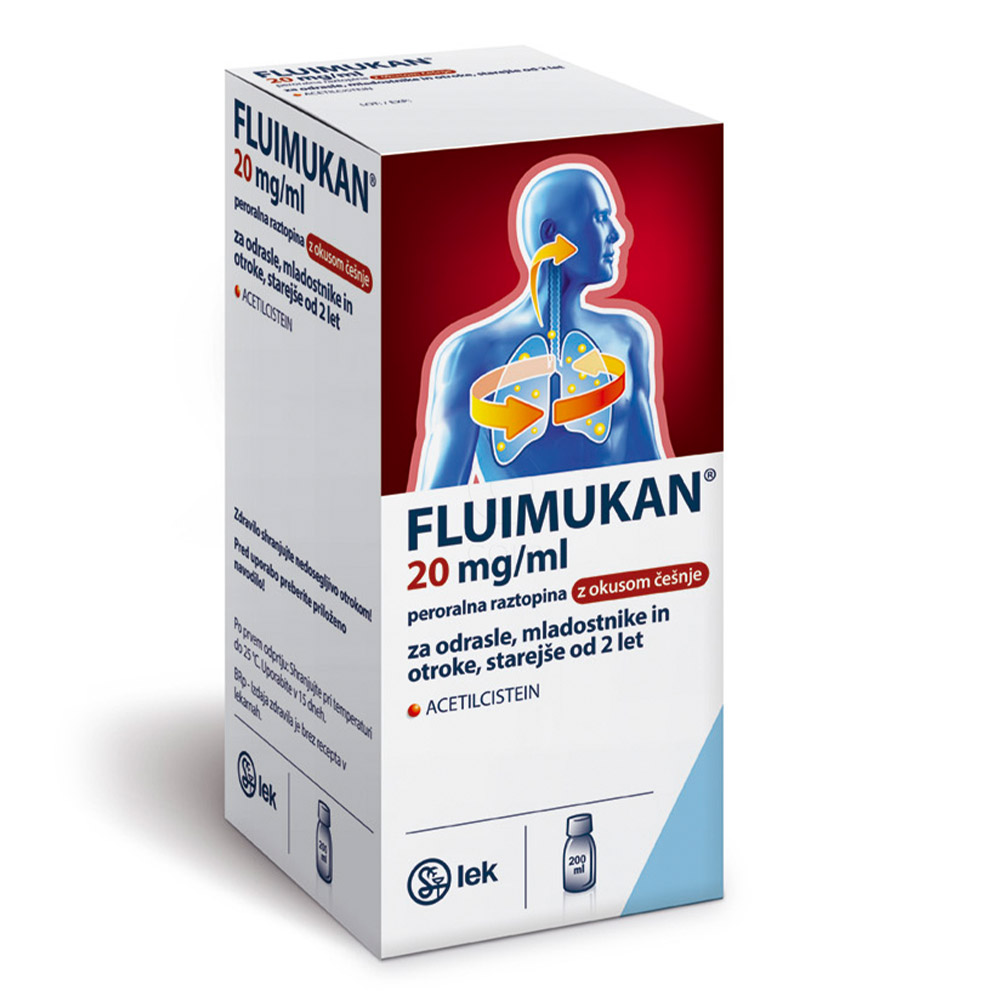 Fluimukan 20 mg/ml, peroralna raztopina z okusom češnje (200 ml)