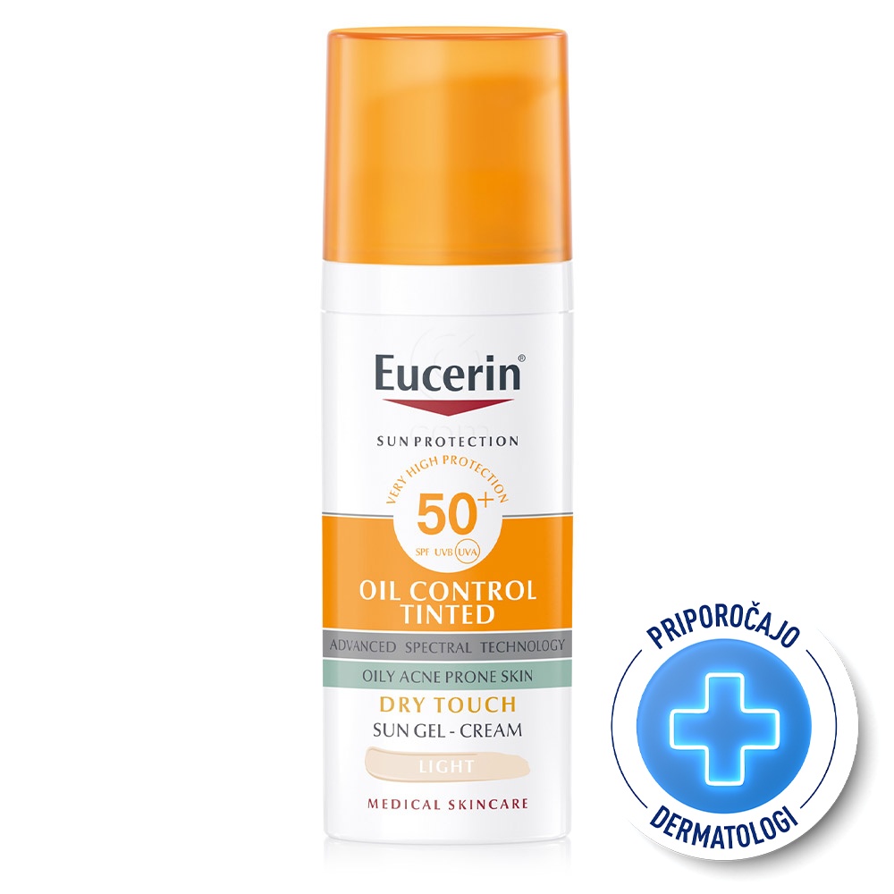 Eucerin Sun Oil Control Dry Touch, obarvan kremni gel za zaščito obraza pred soncem - light - ZF50+ (50 ml)