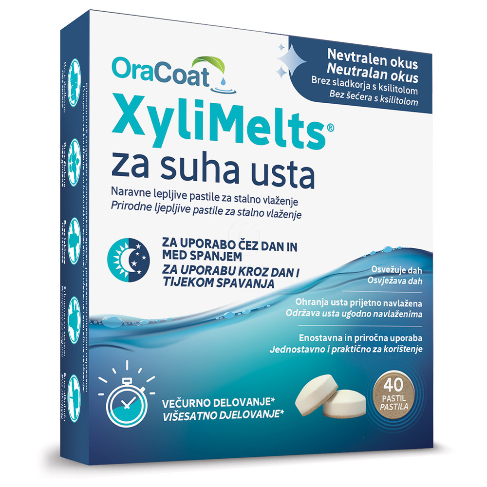 Xylimelts OraCoat, pastile za suha usta s 550 mg ksilitola - nevtralen okus (40 pastil)