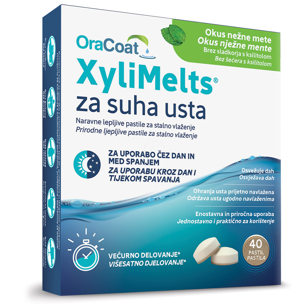 Xylimelts OraCoat, pastile za suha usta s 550 mg kslitola - okus nežne mete (40 pastil)