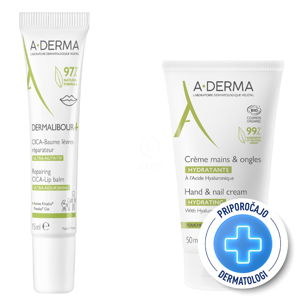 A-Derma, rutina za nego kože rok in ustnic (15 ml + 50 ml)