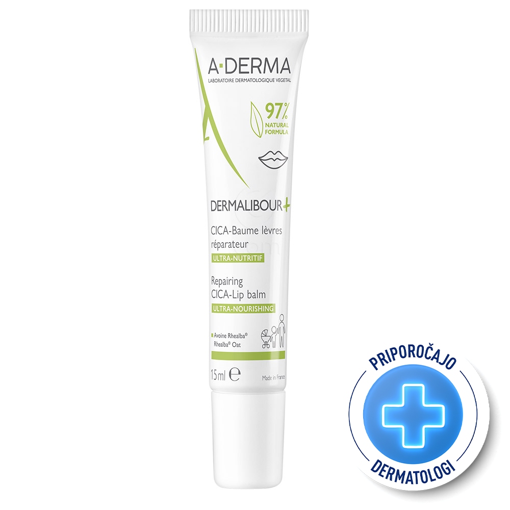 A-Derma Dermalibour+, obnavljajoči cica balzam za ustnice (15 ml)