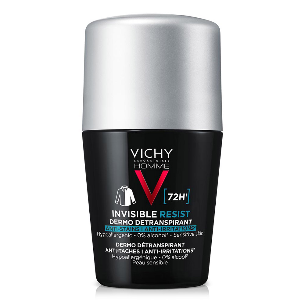 Vichy Homme Invisible Resist 75h, detranspirant proti madežem in razdraženosti - roll-on (50 ml)