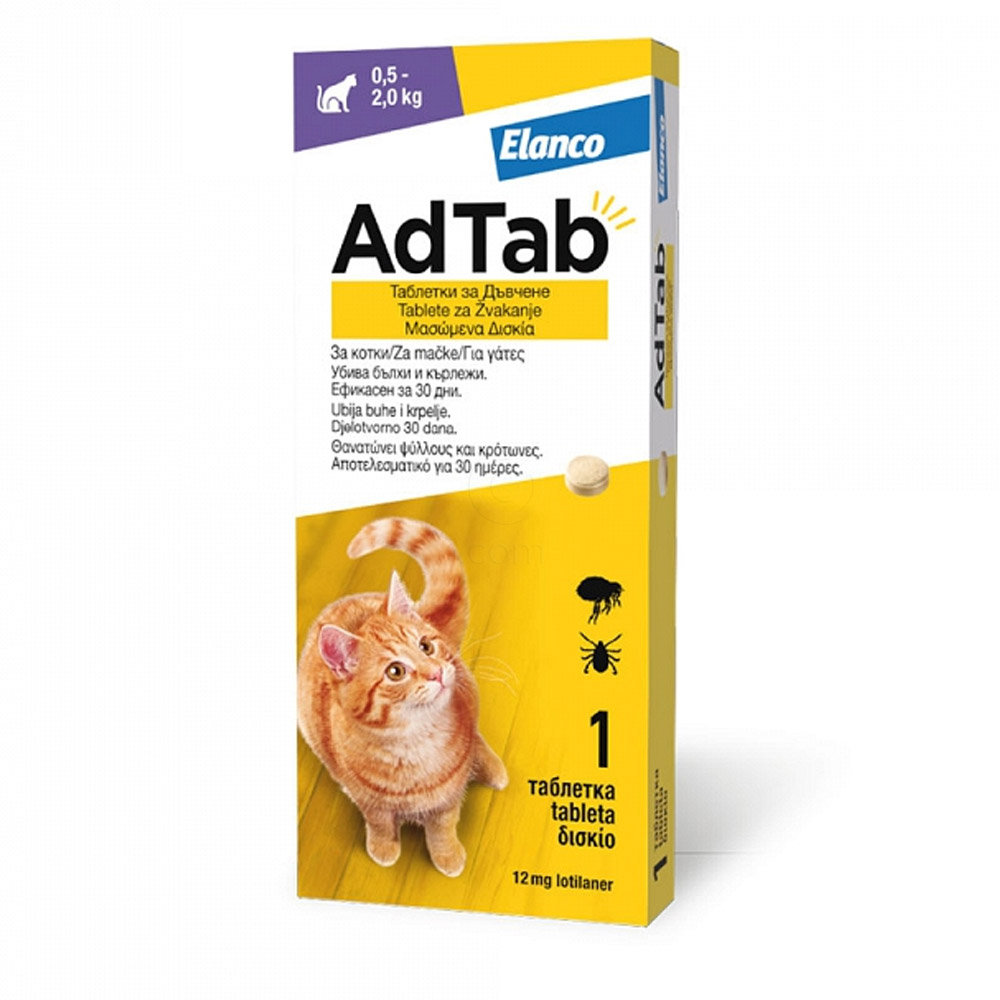 AdTab 12 mg, žvečljive tablete za mačke - 0,5–2,0 kg (1 tableta)