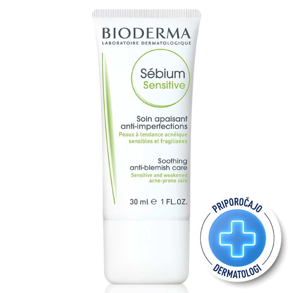 Bioderma Sebium Sensitive, pomirjujoča nega za občutljivo, k aknam nagnjeno kožo (30 ml)